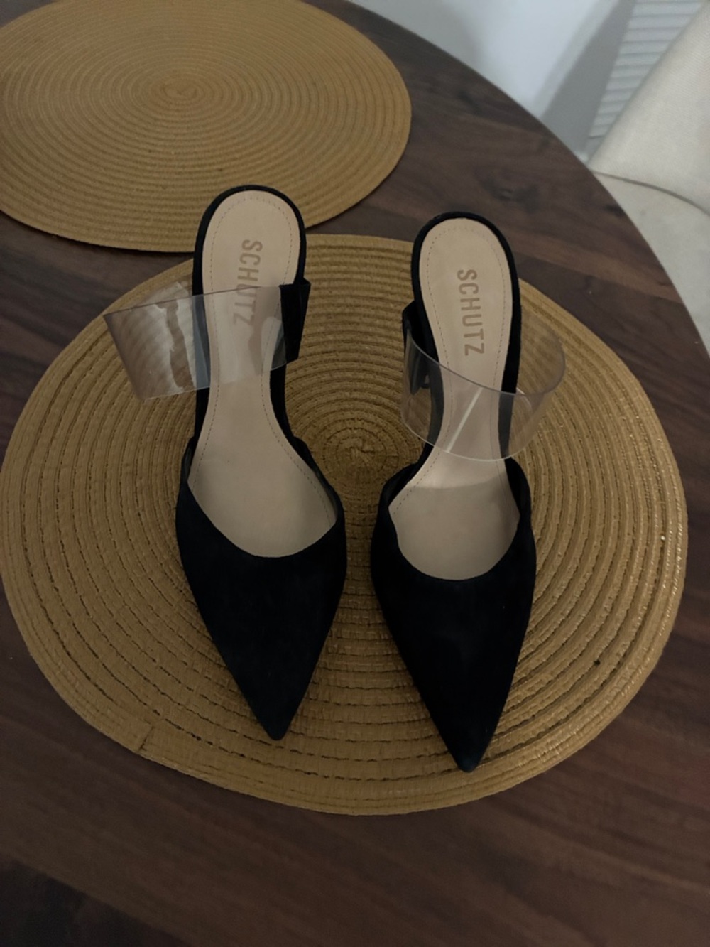 SCHUTZ Black Pointed Mule with Clear Strap